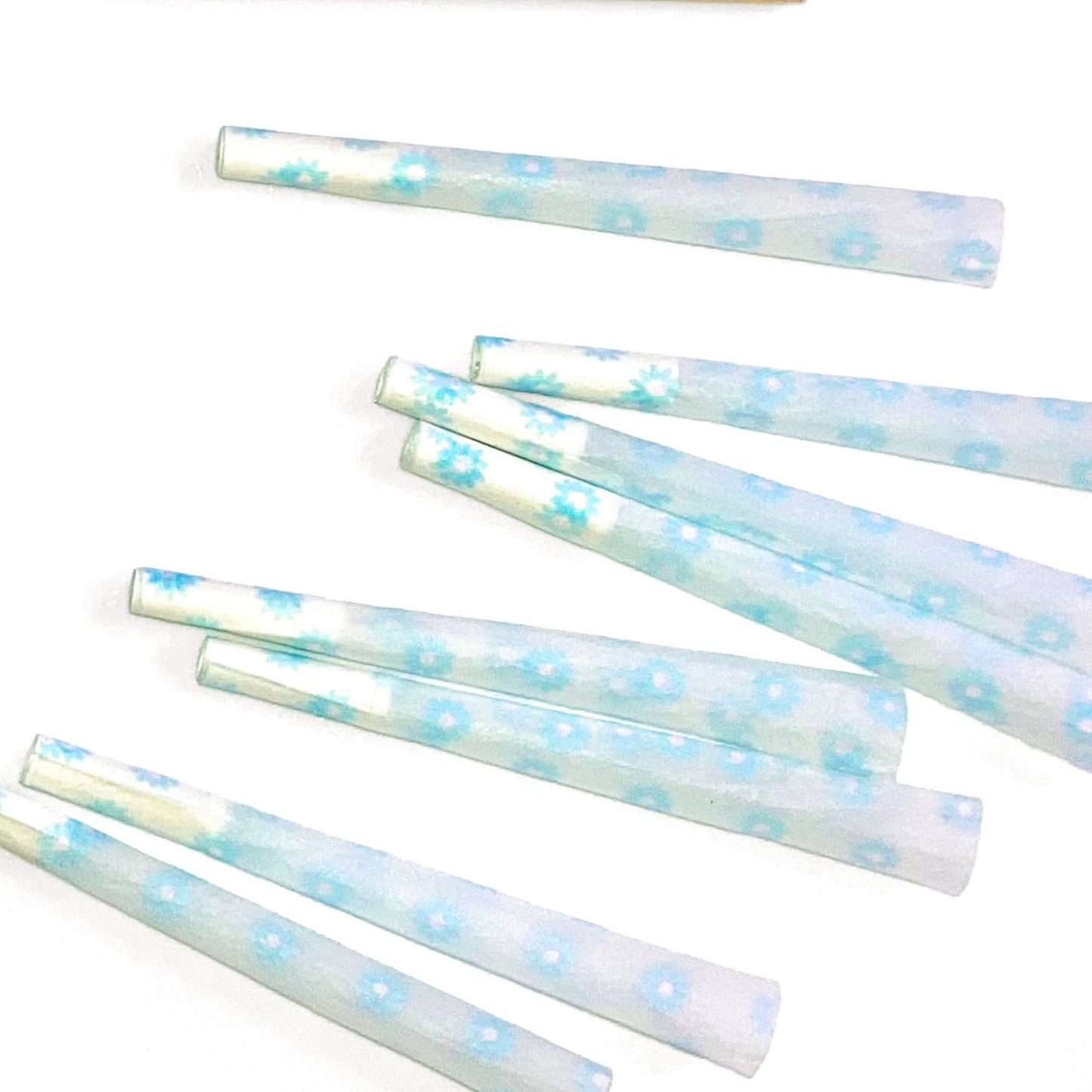 Set of 8 Pollyanna Cones: blue flower pre-rolled cones. These designer rolling papers are girly, pretty, vegan, cute, cool, standard size, high quality, even burn, natural dyes, best tasting, slow burn.