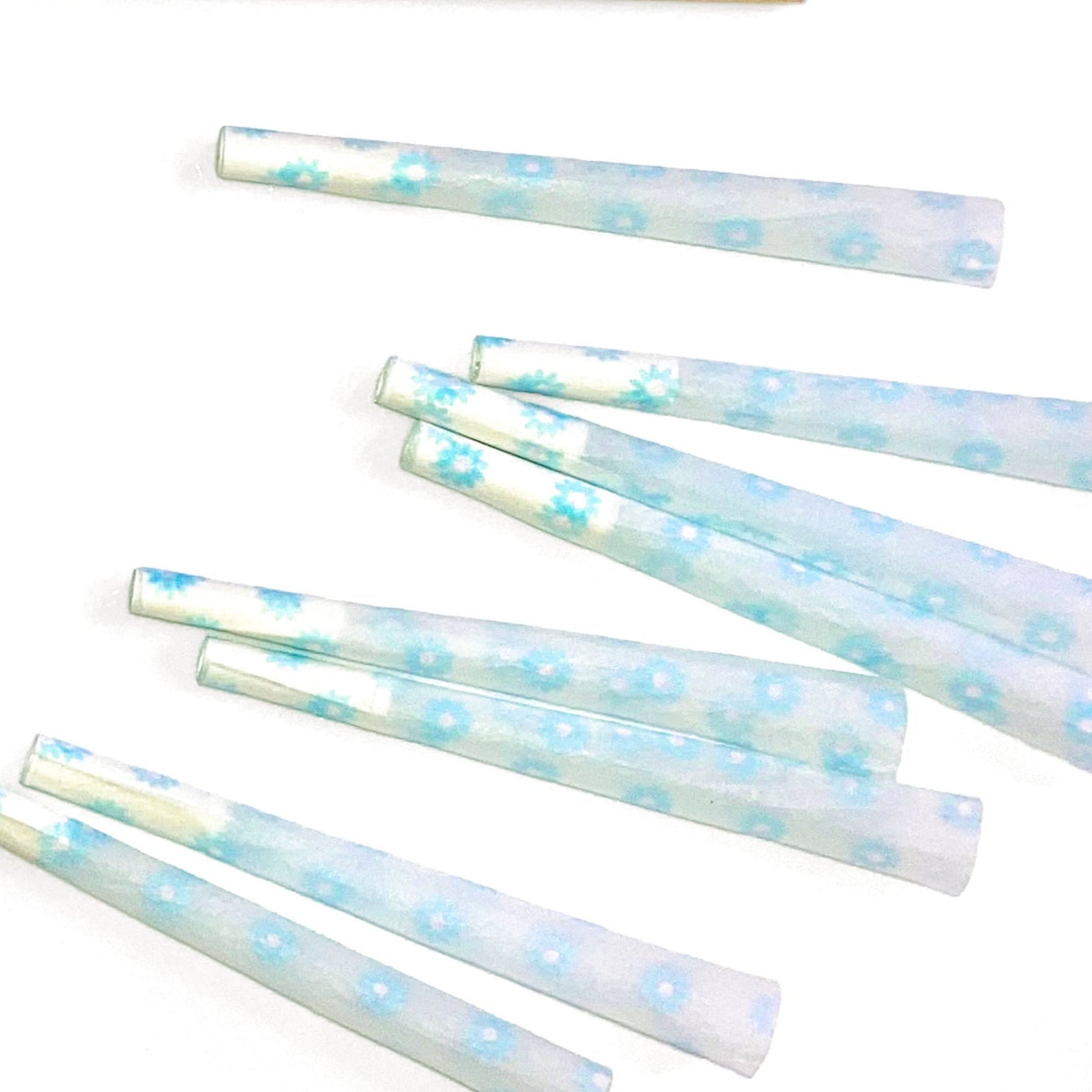 Set of 8 Pollyanna Cones: blue flower pre-rolled cones. These designer rolling papers are girly, pretty, vegan, cute, cool, standard size, high quality, even burn, natural dyes, best tasting, slow burn.