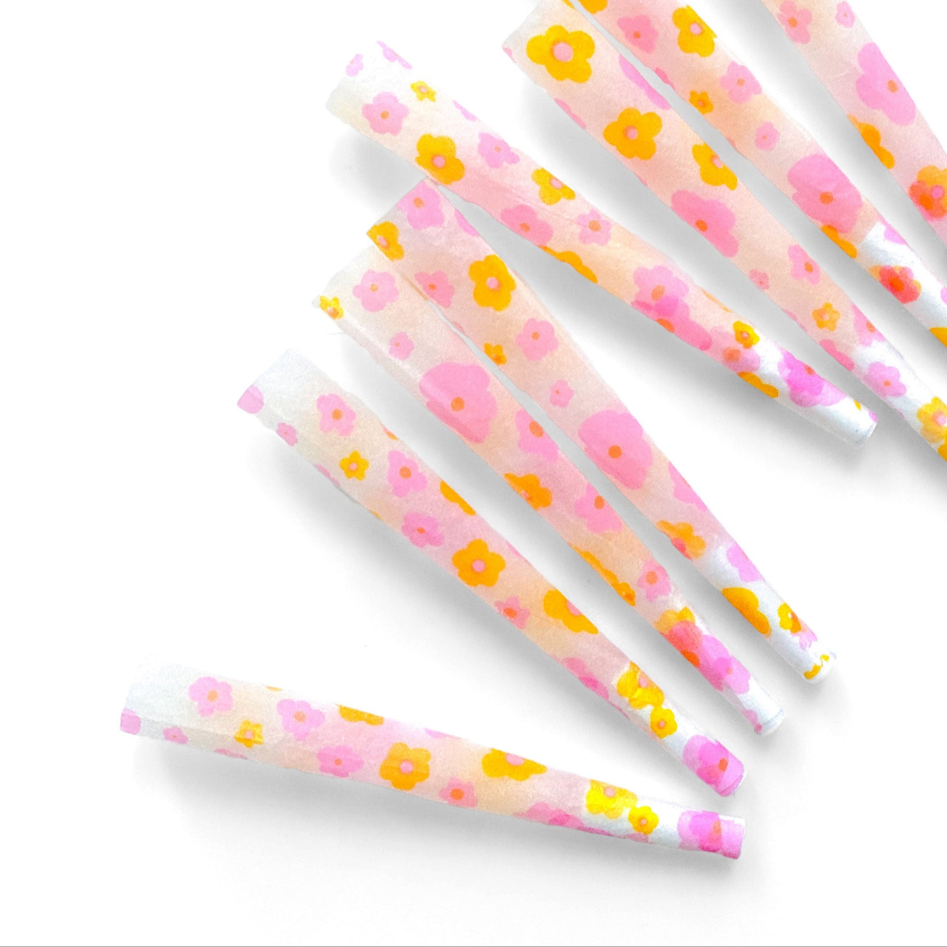 The Lucky Cones, set of 8: purple and orange floral pre-rolled cones. These designer pre-rolled cones are girly, pretty, vegan, cute, cool, standard size, high quality, even burn, natural dyes, best tasting, slow burn.