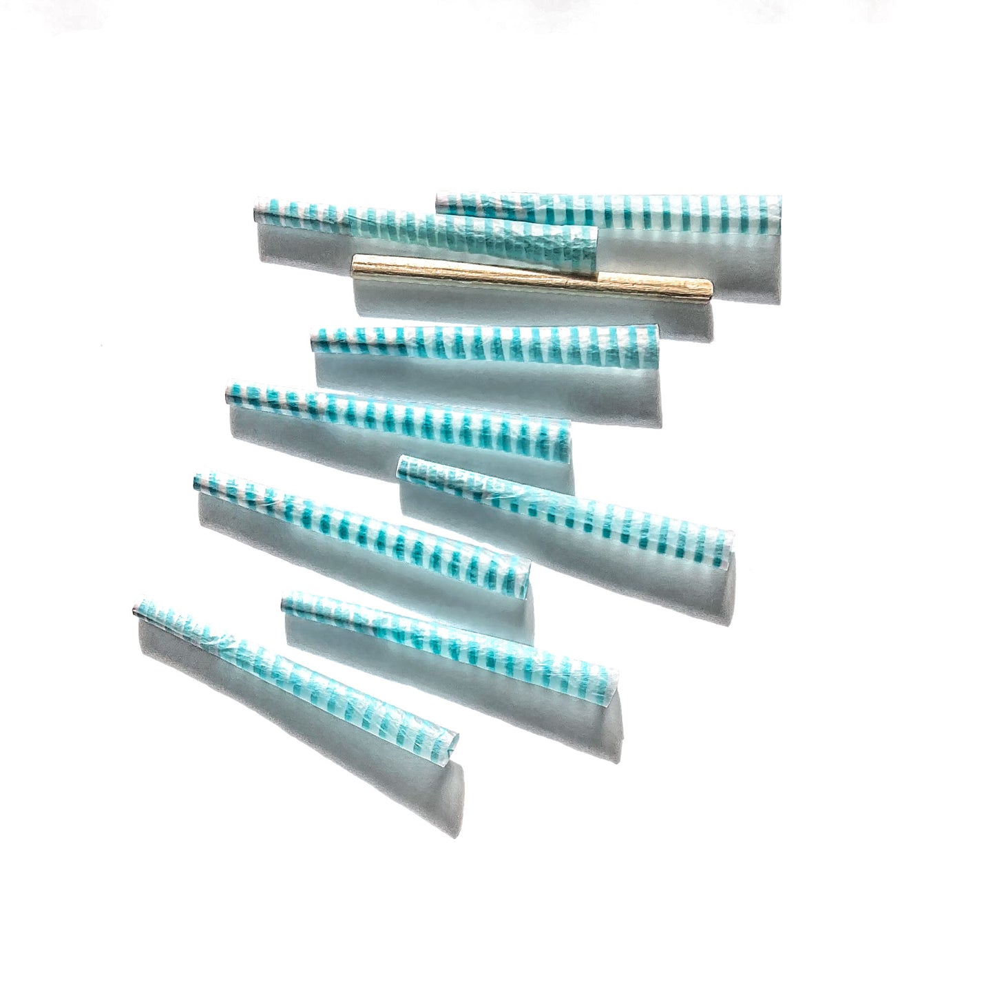 The Classic Cones, set of 8: blue striped pre-rolled cones. These designer cones are girly, pretty, vegan, cute, cool, standard size, high quality, even burn, natural dyes, best tasting, slow burn.