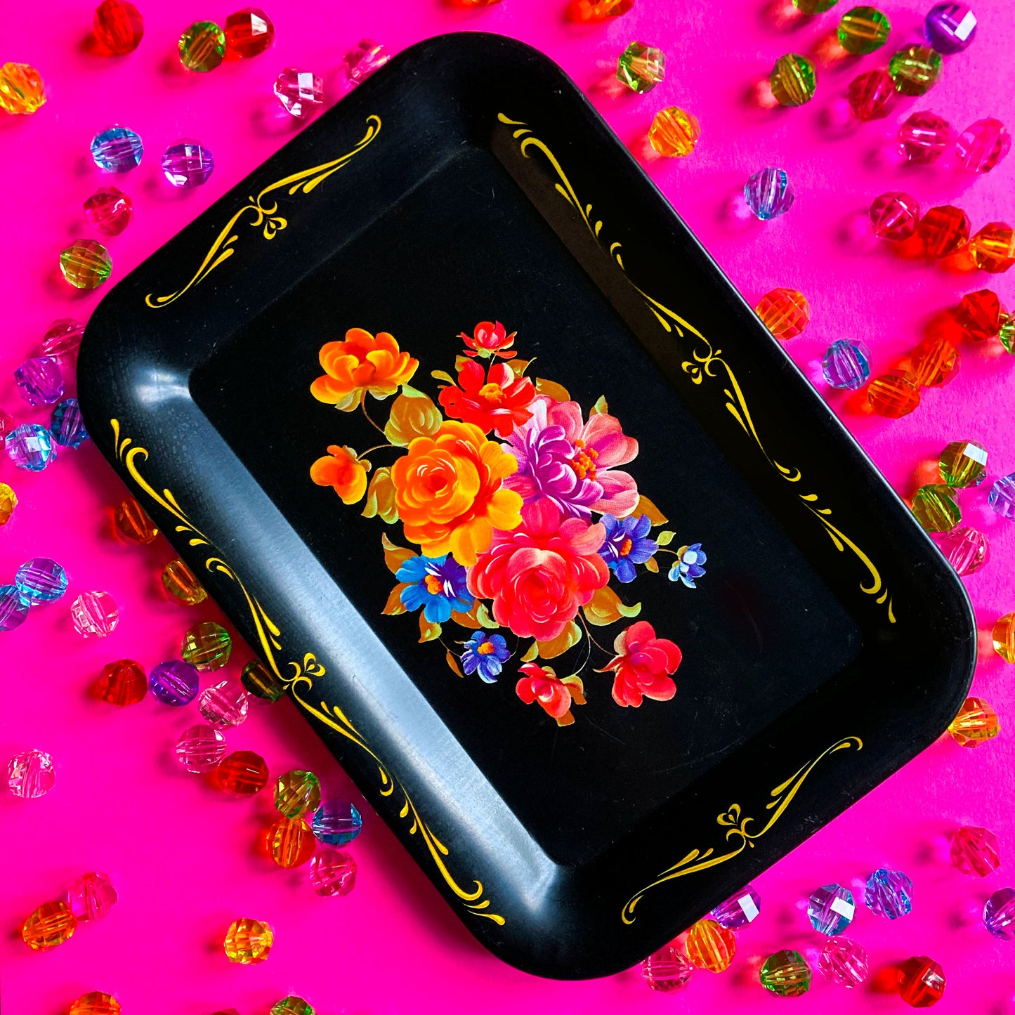 Vintage Floral Black Tray