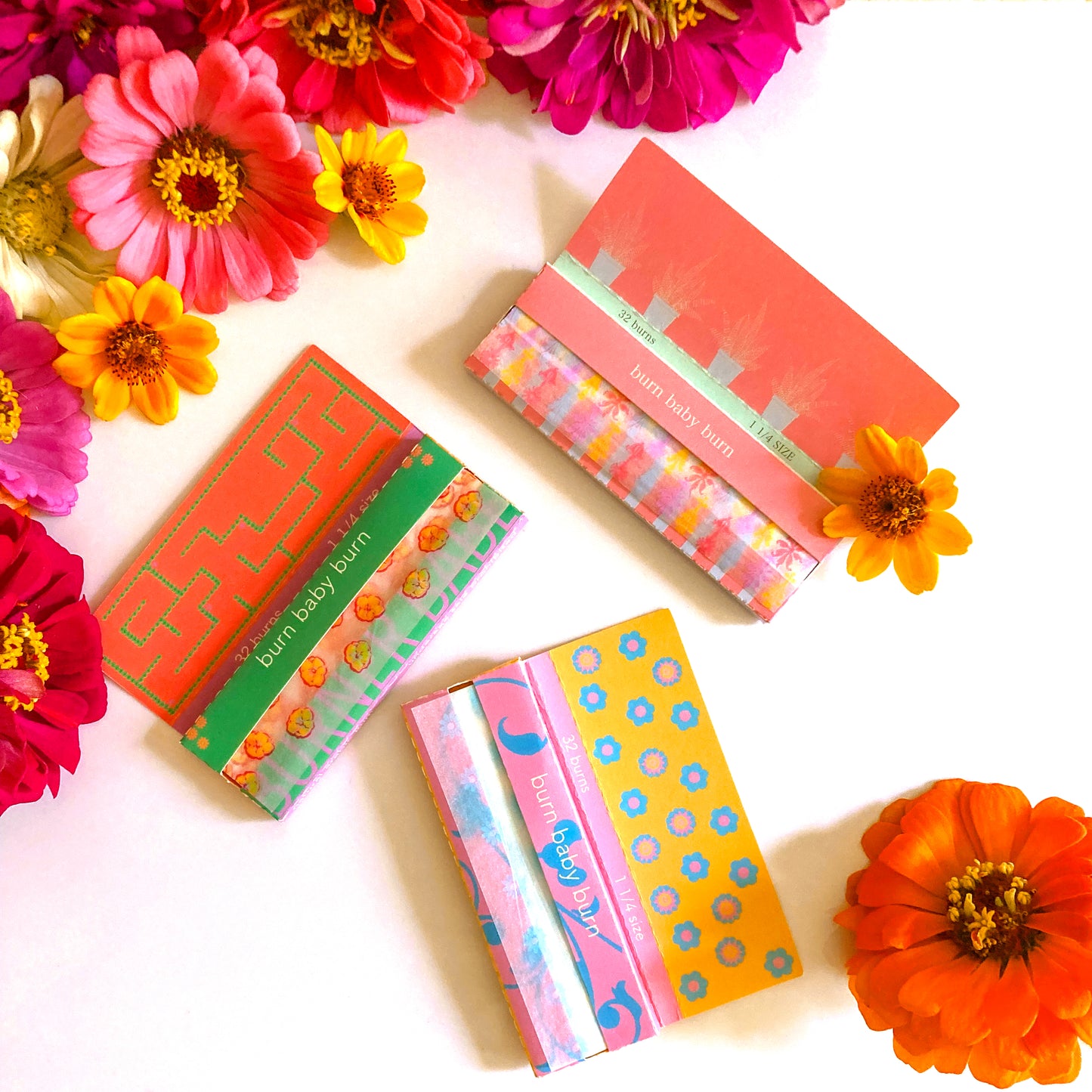 Set of three floral printed rolling papers. These designer rolling papers are girly, pretty, vegan, cute, cool, standard size, high quality, even burn, natural dyes, best tasting, slow burn.