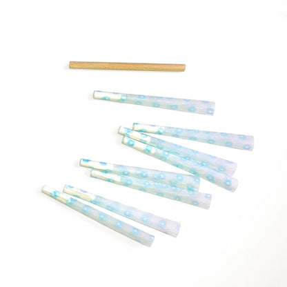 Set of 8 Pollyanna Cones: blue flower pre-rolled cones. These designer rolling papers are girly, pretty, vegan, cute, cool, standard size, high quality, even burn, natural dyes, best tasting, slow burn.