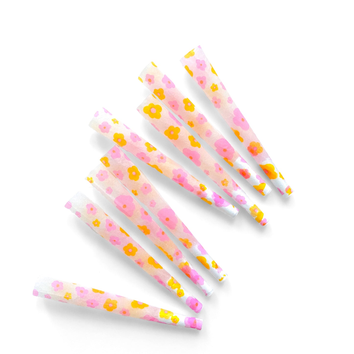 The Lucky Cones, set of 8: purple and orange floral pre-rolled cones. These designer pre-rolled cones are girly, pretty, vegan, cute, cool, standard size, high quality, even burn, natural dyes, best tasting, slow burn.