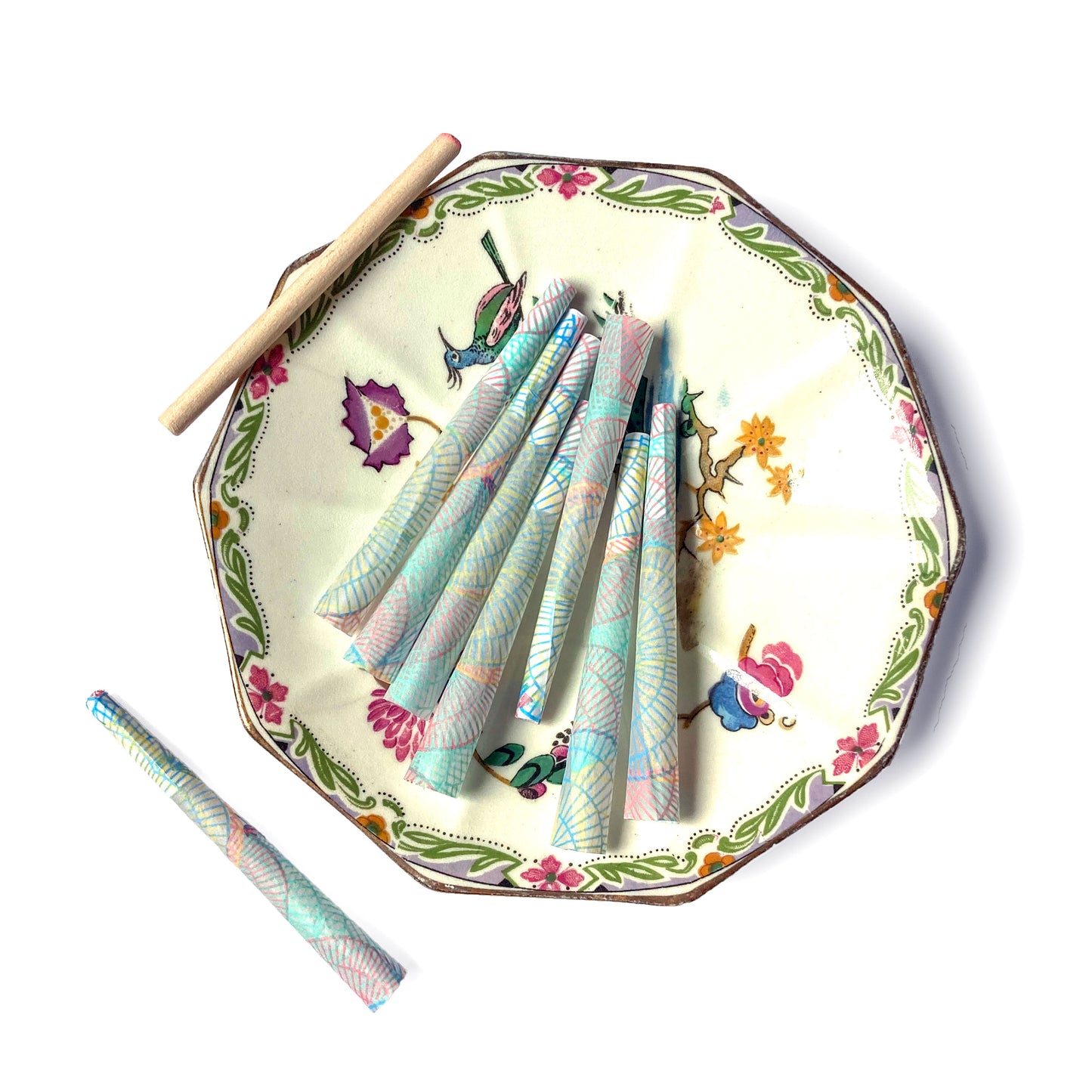 Set of 8 Heartbreaker pre-roll cones: spiral printed cones. These designer pre-rolled cones are girly, pretty, vegan, cute, cool, standard size, high quality, even burn, natural dyes, best tasting, slow burn.