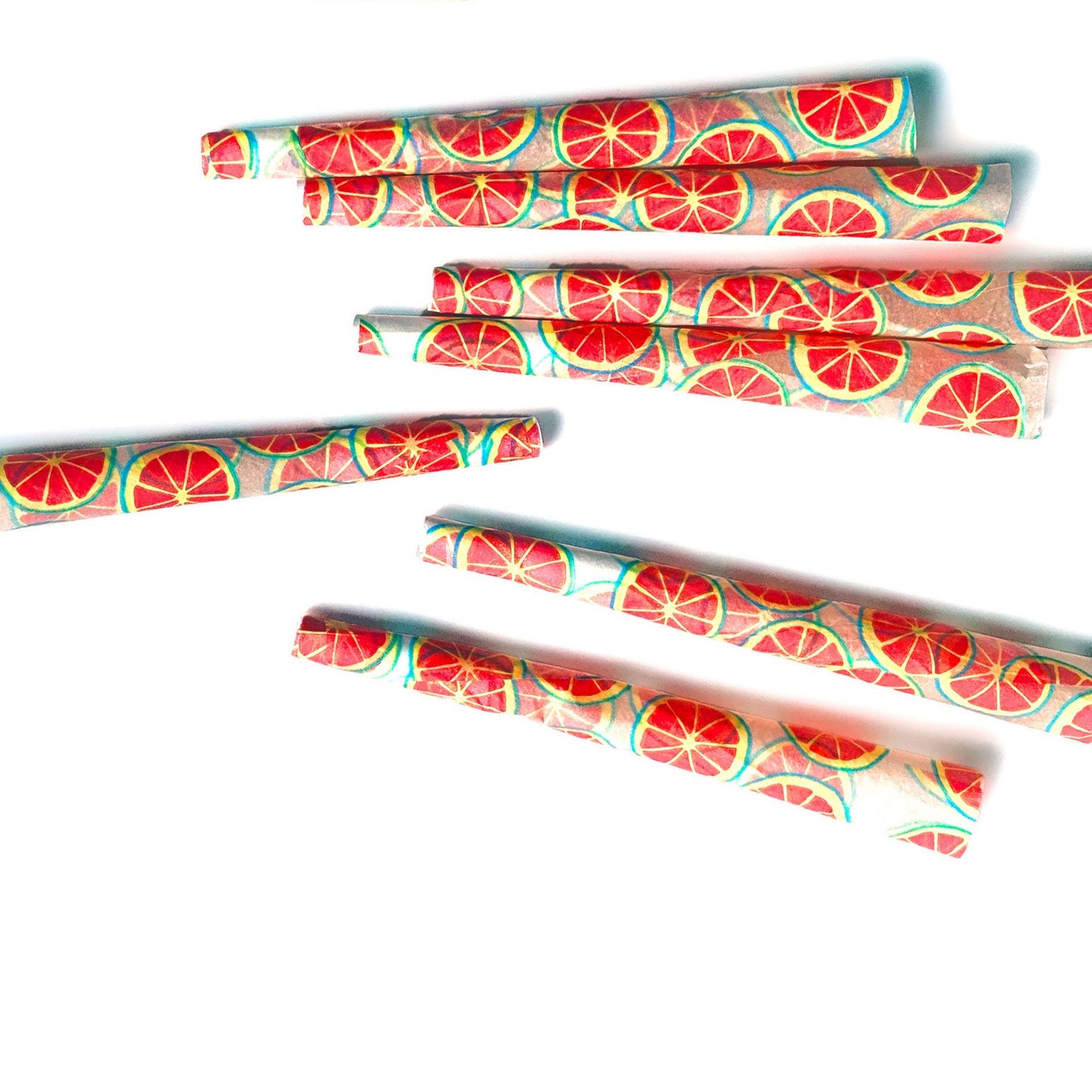 Citrus cones, set of 8: grapefruit fruit printed cones. These designer cones are girly, pretty, vegan, cute, cool, standard size, high quality, even burn, natural dyes, best tasting, slow burn.	