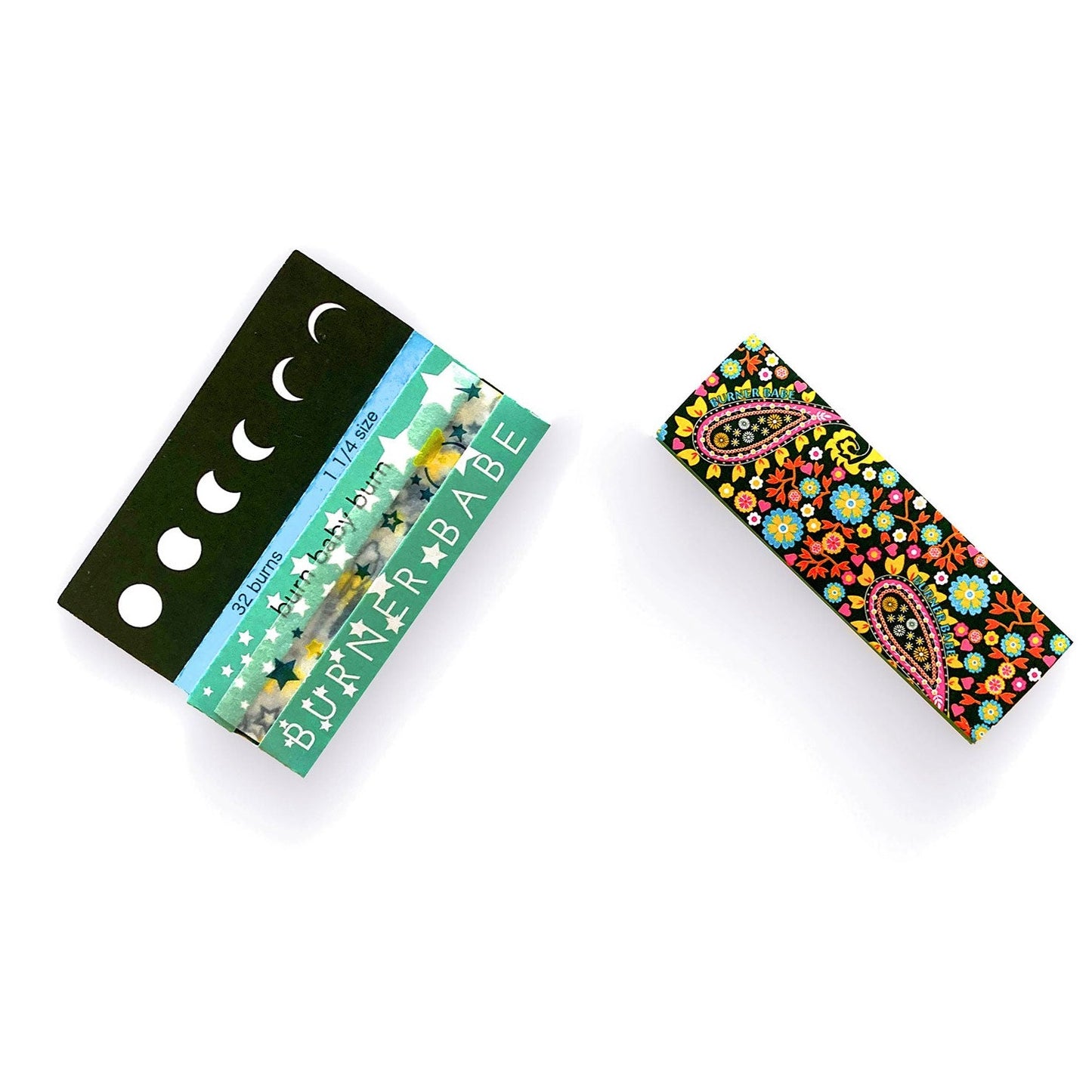 The Starlit Papers, set of 10: star, moon, galaxy patterned rolling papers. These designer rolling papers are girly, pretty, vegan, cute, cool, standard size, high quality, even burn, natural dyes, best tasting, slow burn.